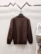 Long-sleeve crewneck sweater with allover monogram pattern, brown base