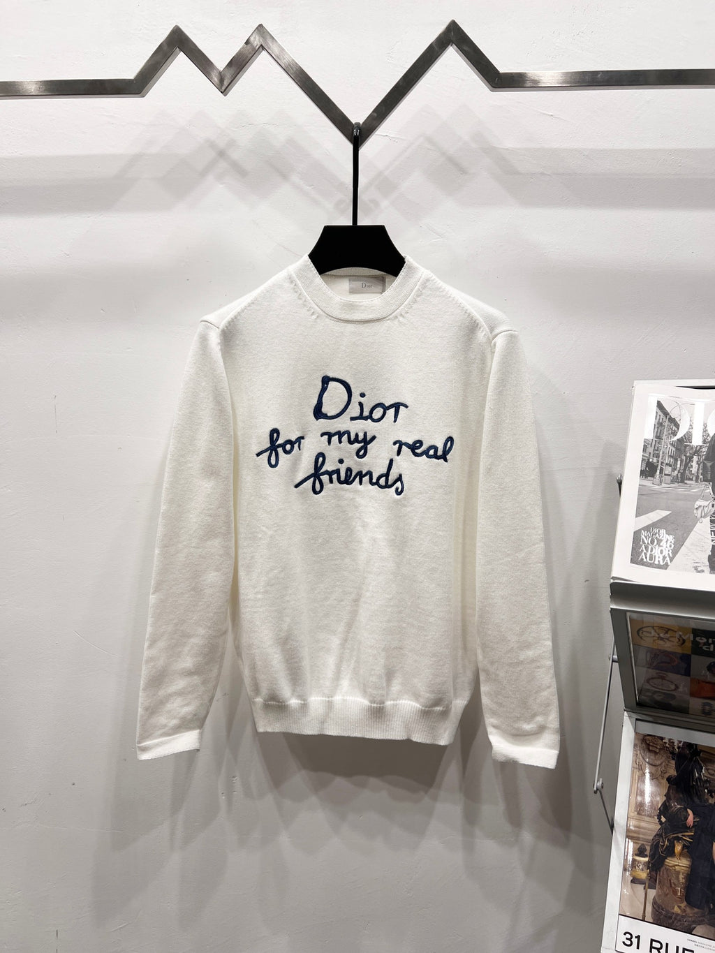 White long-sleeve crewneck sweatshirt with blue script 'Dior for my real friends'