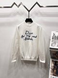 White long-sleeve crewneck sweatshirt with blue script 'Dior for my real friends'
