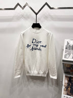 White long-sleeve crewneck sweatshirt with blue script 'Dior for my real friends'