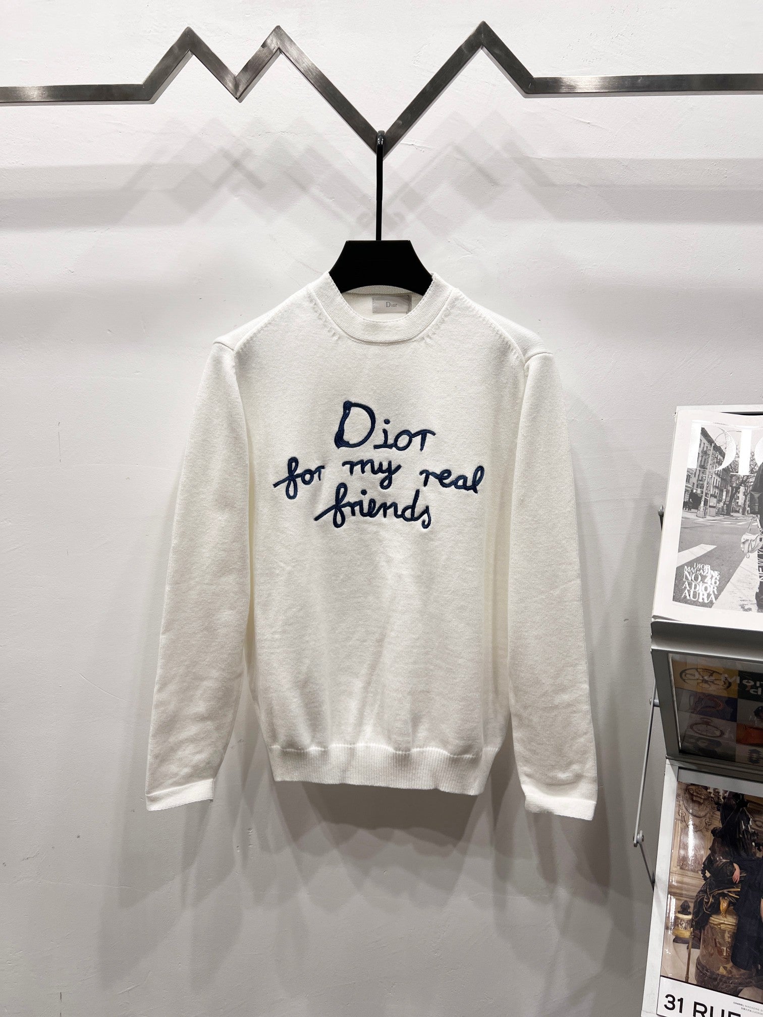 White long-sleeve crewneck sweatshirt with blue script 'Dior for my real friends'