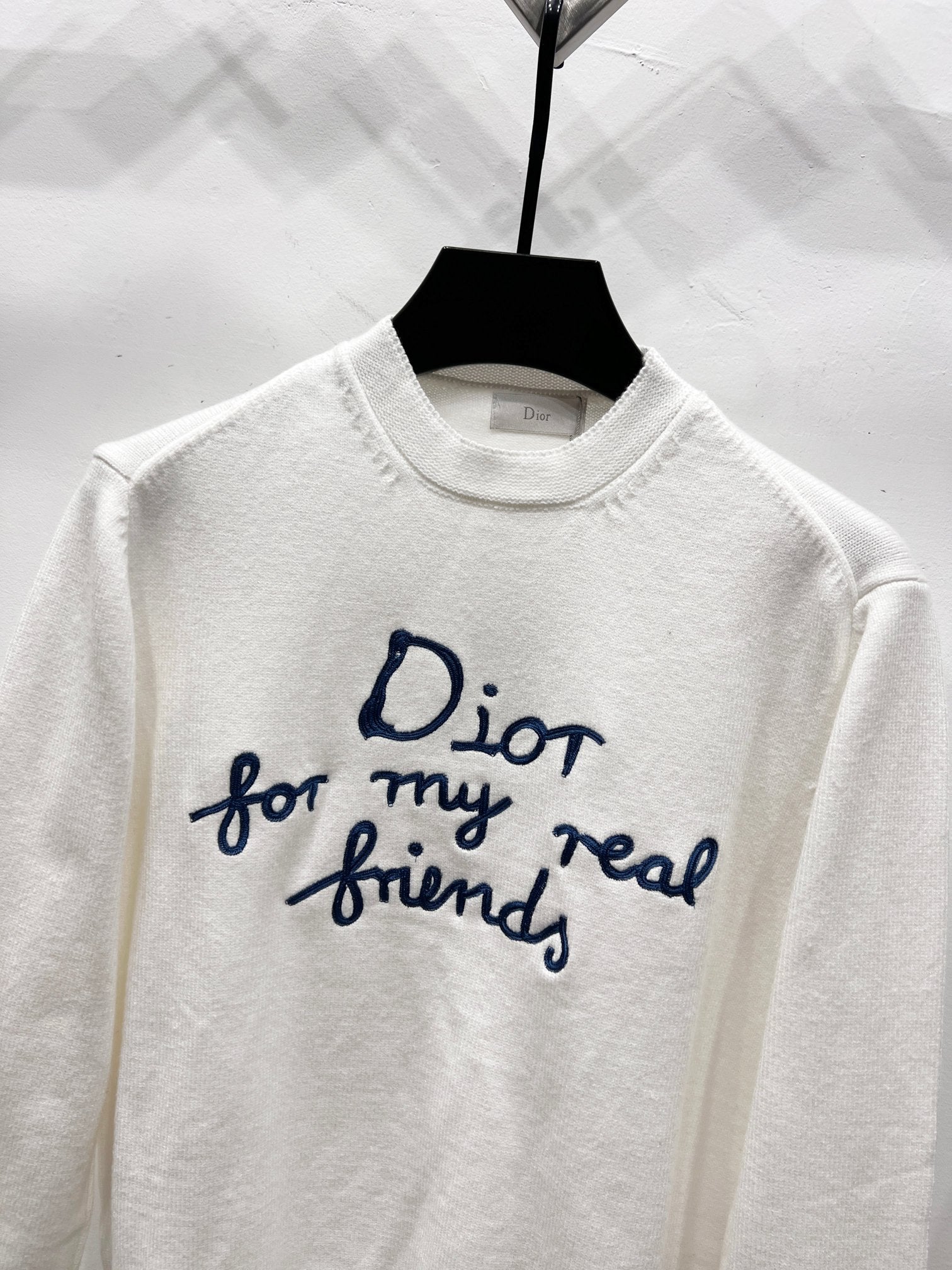 White long-sleeve crewneck sweatshirt with blue 'Dior for my real friends' script