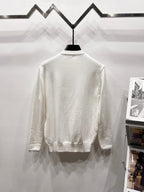 White long-sleeve crewneck sweatshirt, back view, on a display hanger