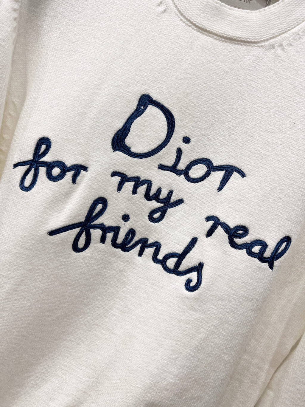 White crewneck sweatshirt with blue 'for my real friends' script