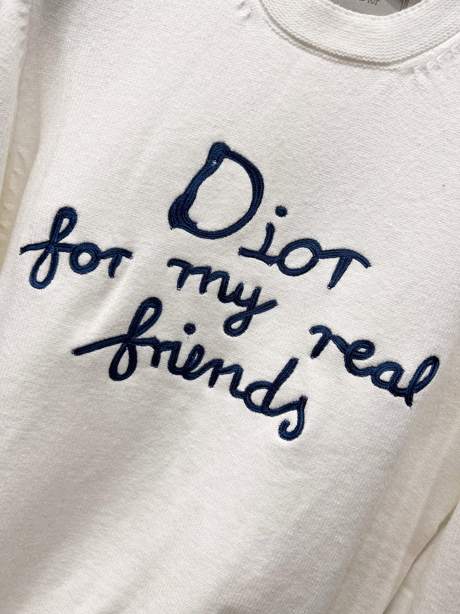 White crewneck sweatshirt with blue 'for my real friends' script