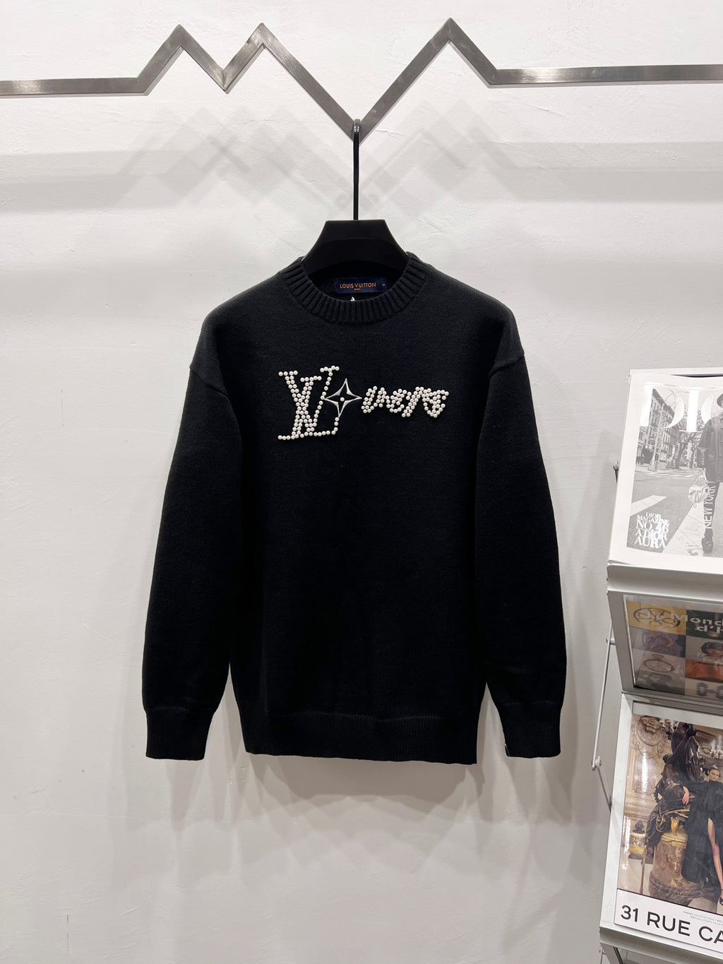 Louis Vuitton black rhinestone logo crewneck sweater on hanger, long sleeves