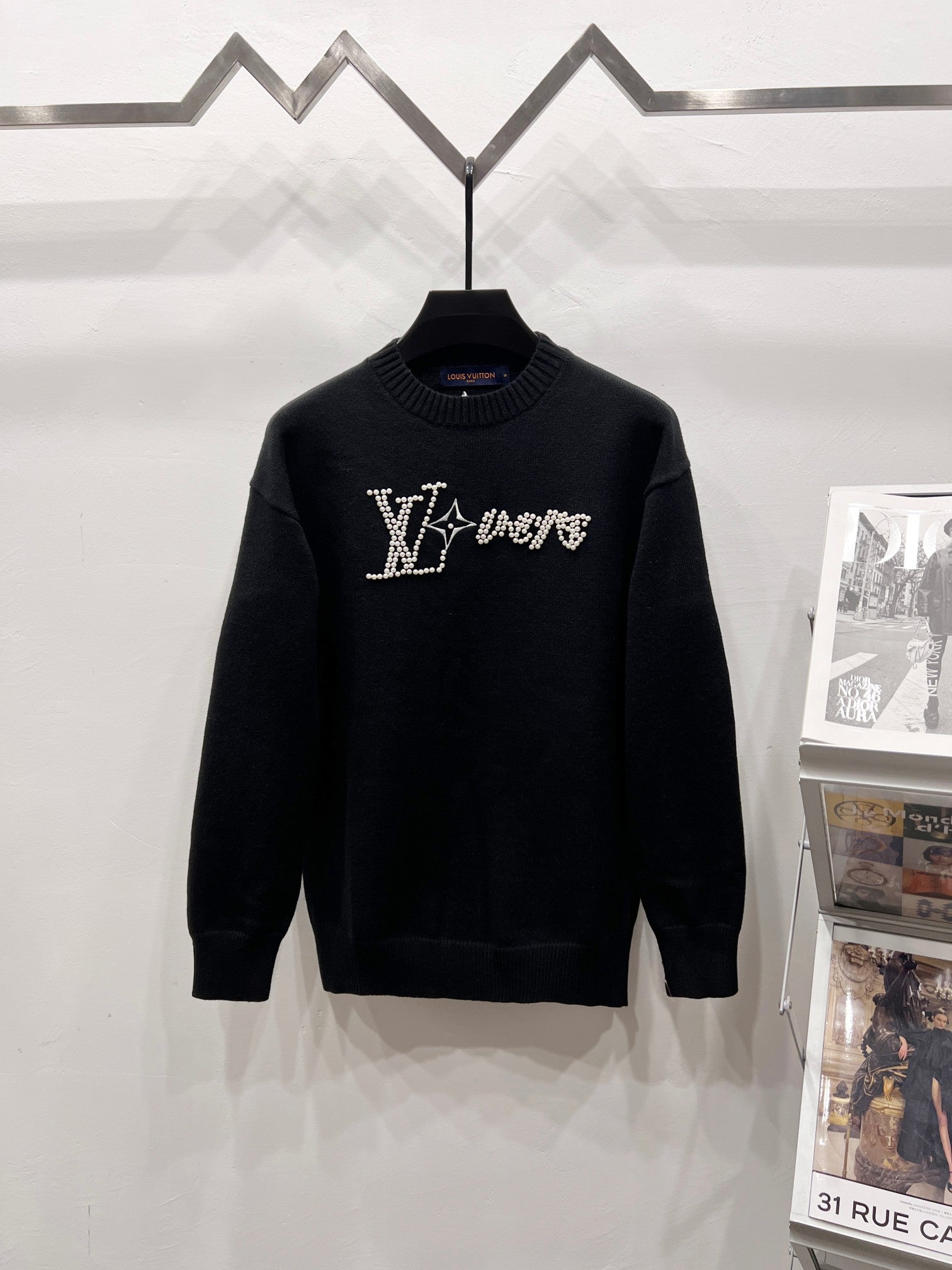 Louis Vuitton black rhinestone logo crewneck sweater on hanger, long sleeves