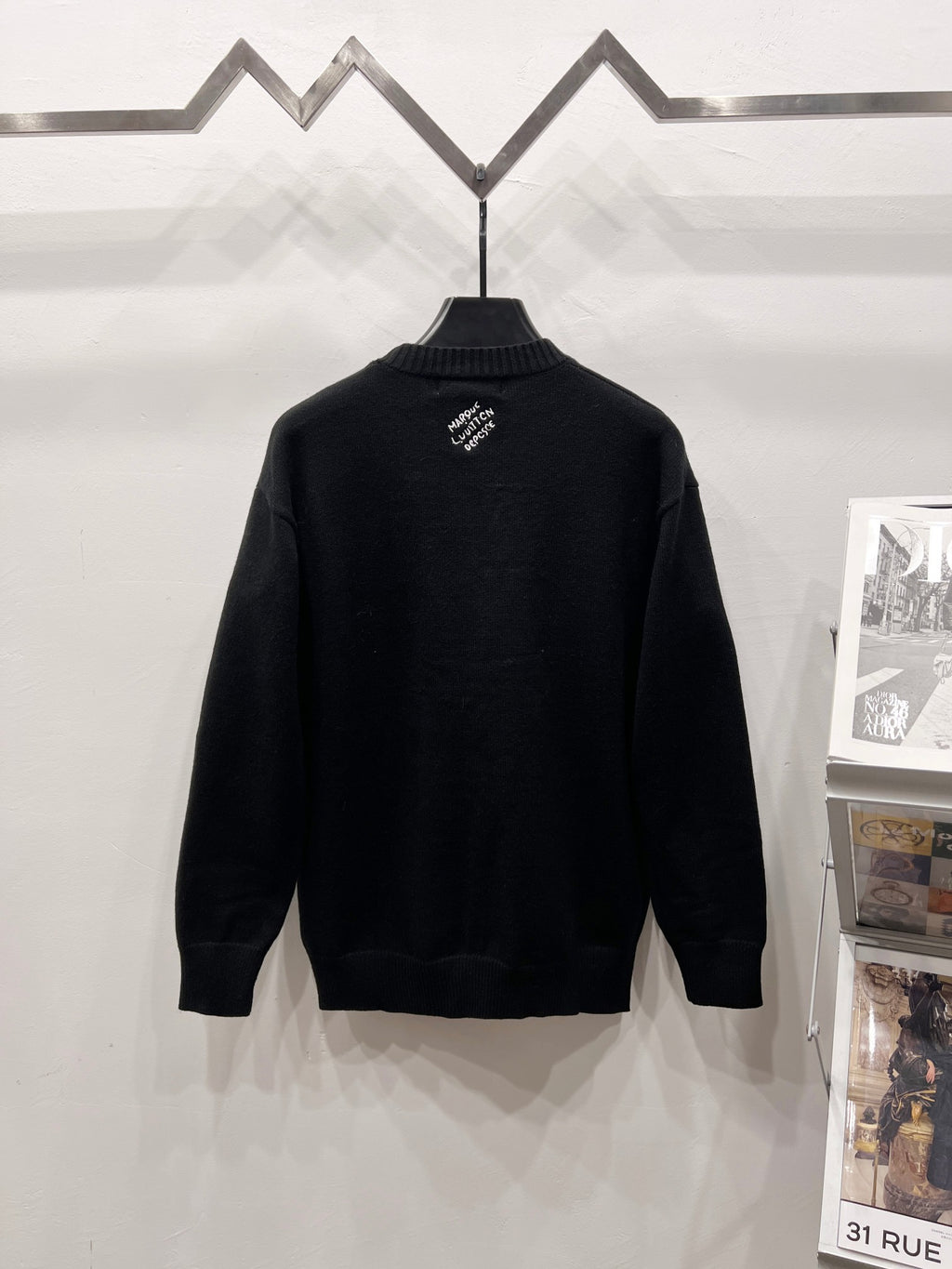 Louis Vuitton black knit crewneck sweater with small rhinestone logo on back