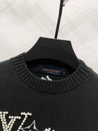 Louis Vuitton black ribbed crewneck sweater with partial rhinestone logo