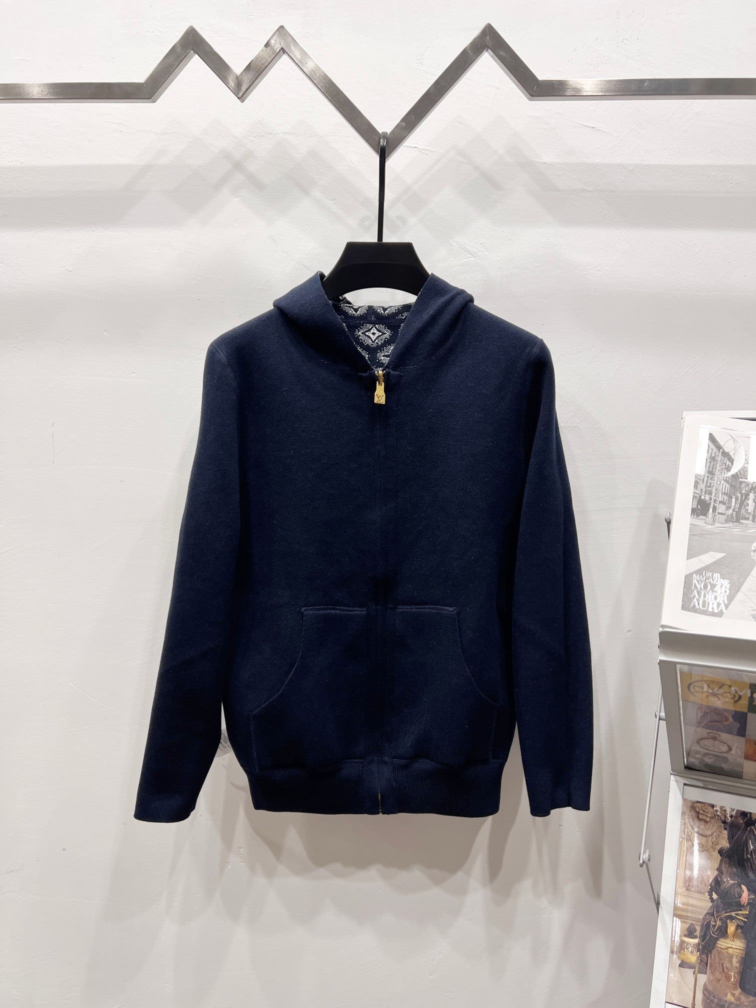 Louis Vuitton long-sleeve zip-up hoodie in solid navy with stand collar