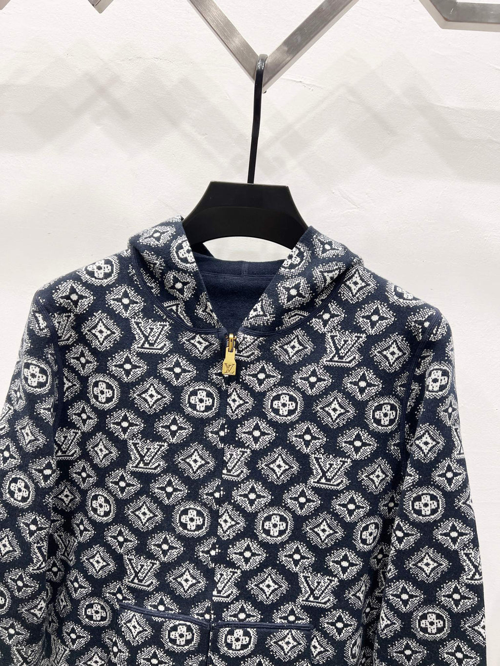 Louis Vuitton navy monogram zip-up hoodie with hood and gold-tone zipper pull