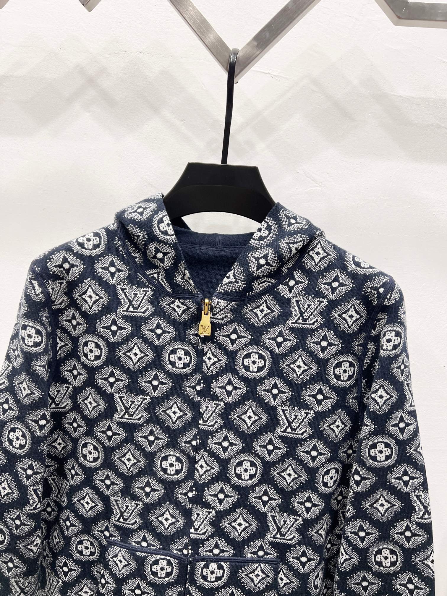 Louis Vuitton navy monogram zip-up hoodie with hood and gold-tone zipper pull
