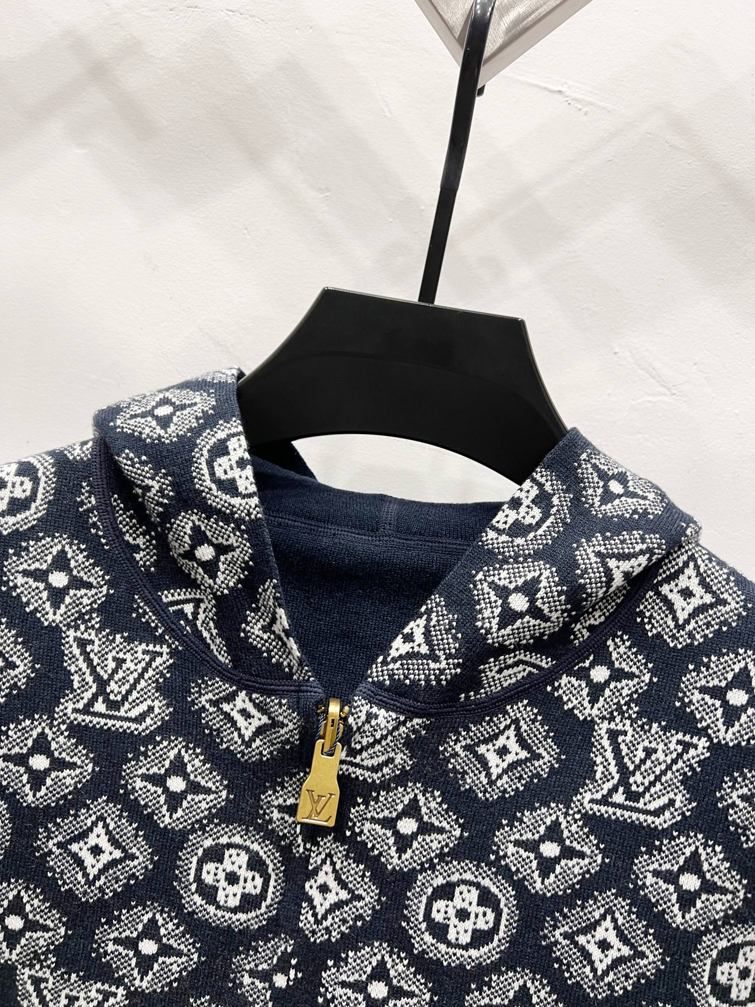 Louis Vuitton navy monogram hoodie collar detail with gold-tone zipper pull