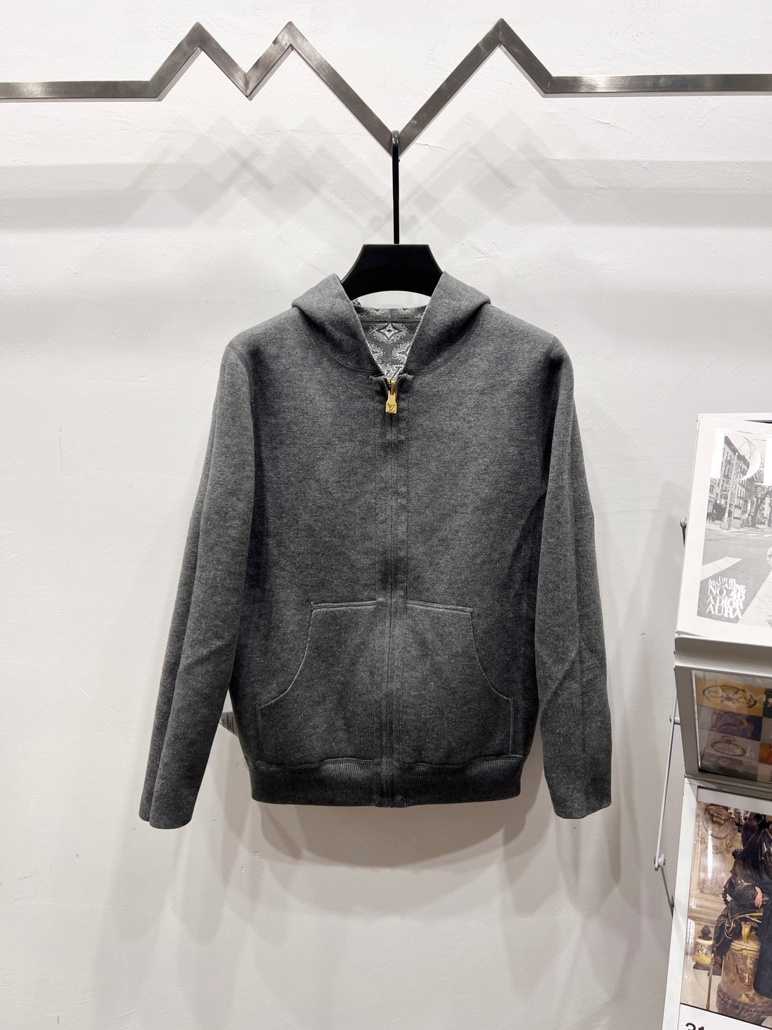 Zip hoodie in dark gray with front kangaroo pocket and hood, zip-up front