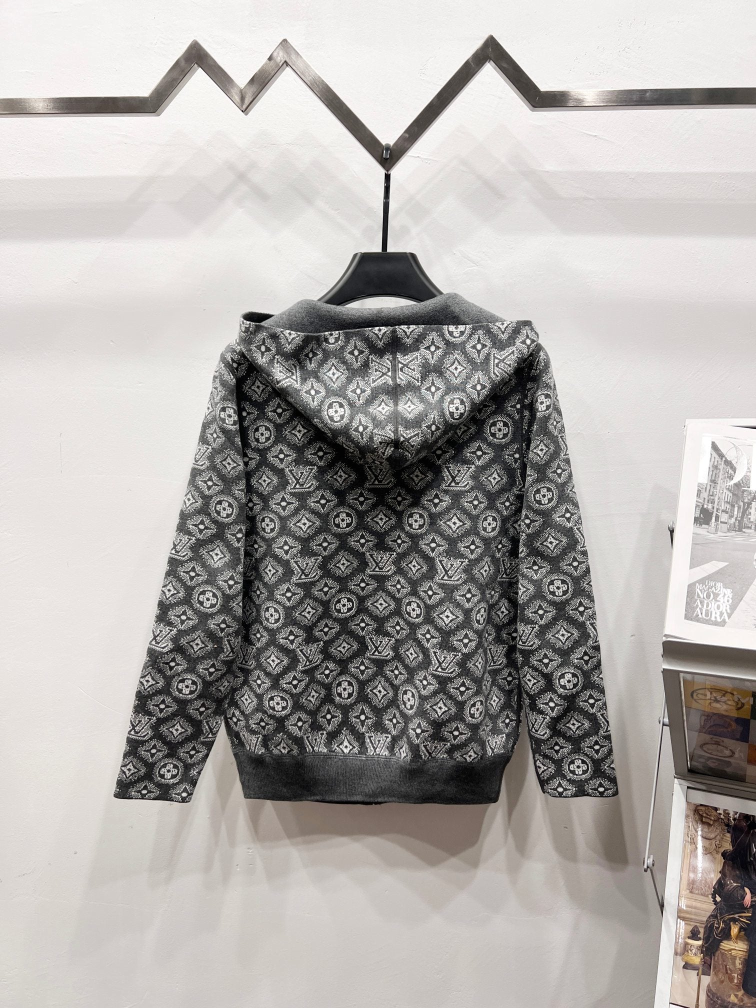 Patterned zip hoodie in dark gray with all-over monogram print, back view