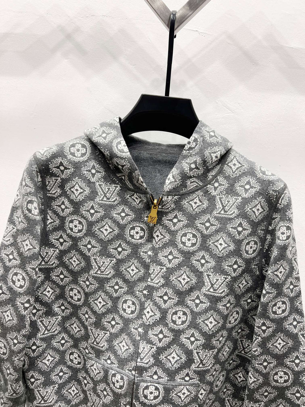 Patterned zip hoodie in dark gray with all-over monogram print and stand collar