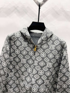 Patterned zip hoodie in dark gray with all-over monogram print and stand collar