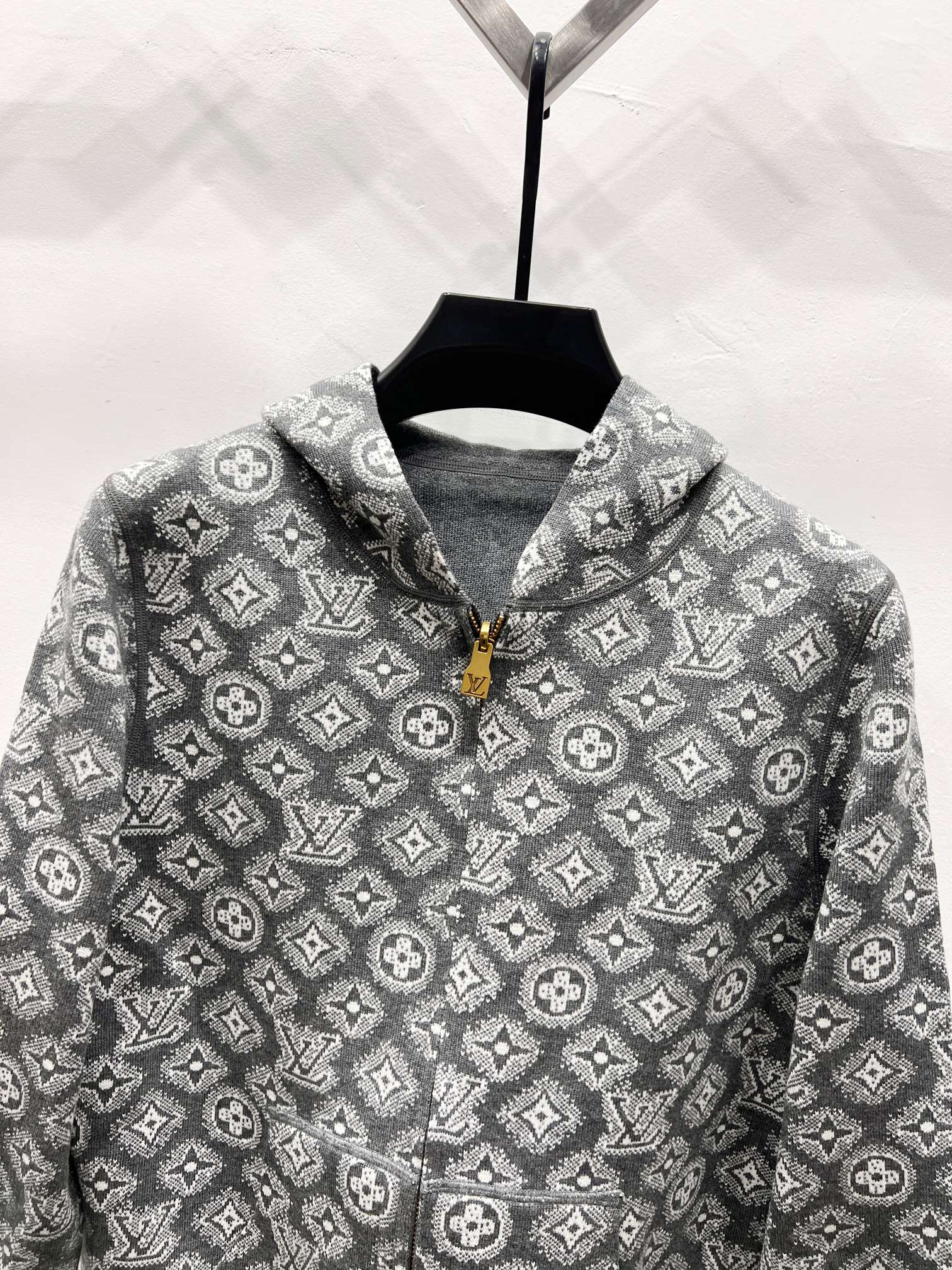 Patterned zip hoodie in dark gray with all-over monogram print and stand collar