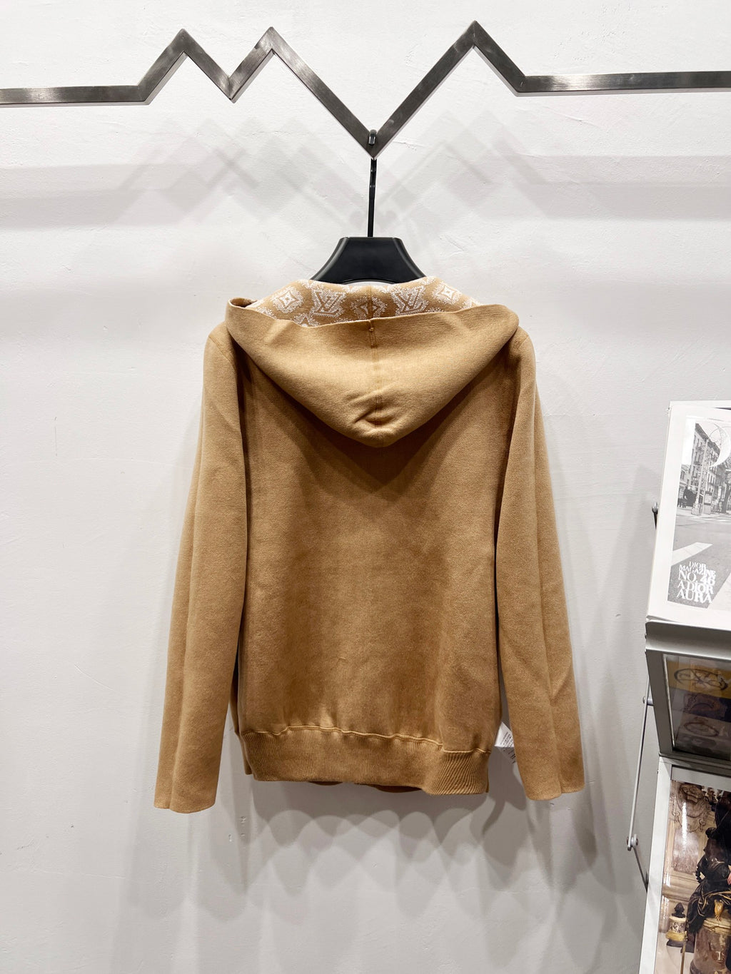 Tan zip-up hoodie back view with hood and no visible front logo