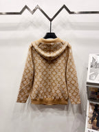 Tan zip-up hoodie back view with allover monogram pattern and hood