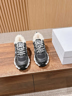 Dior unisex sneakers, black with white pattern, faux fur collar, lace-up chunky sole