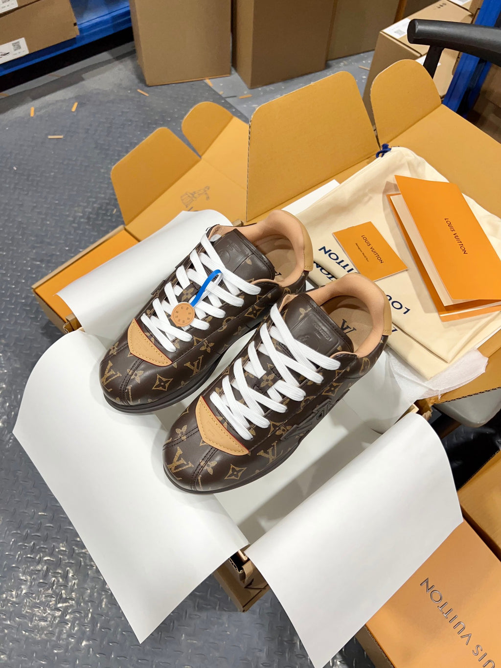 Unisex monogram lace-up sneakers, dark brown uppers with white laces