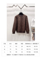 Sweater size chart table with measurements in cm and recommended fit