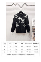 Black crewneck knit sweater with white star and LV-style monogram graphic, front view