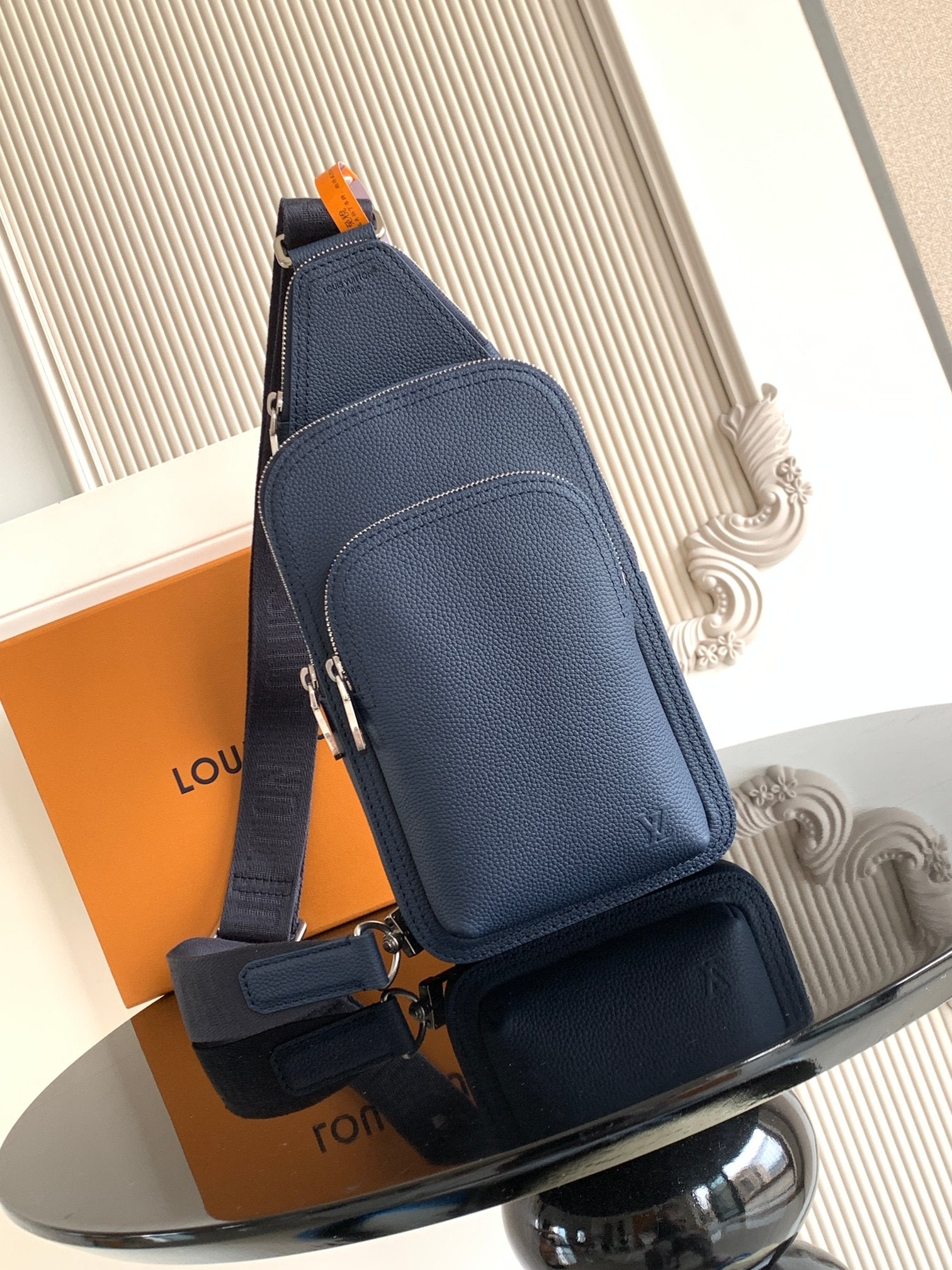 Men's crossbody bag, dark blue pebble-grain leather, front flap and zipper pouch