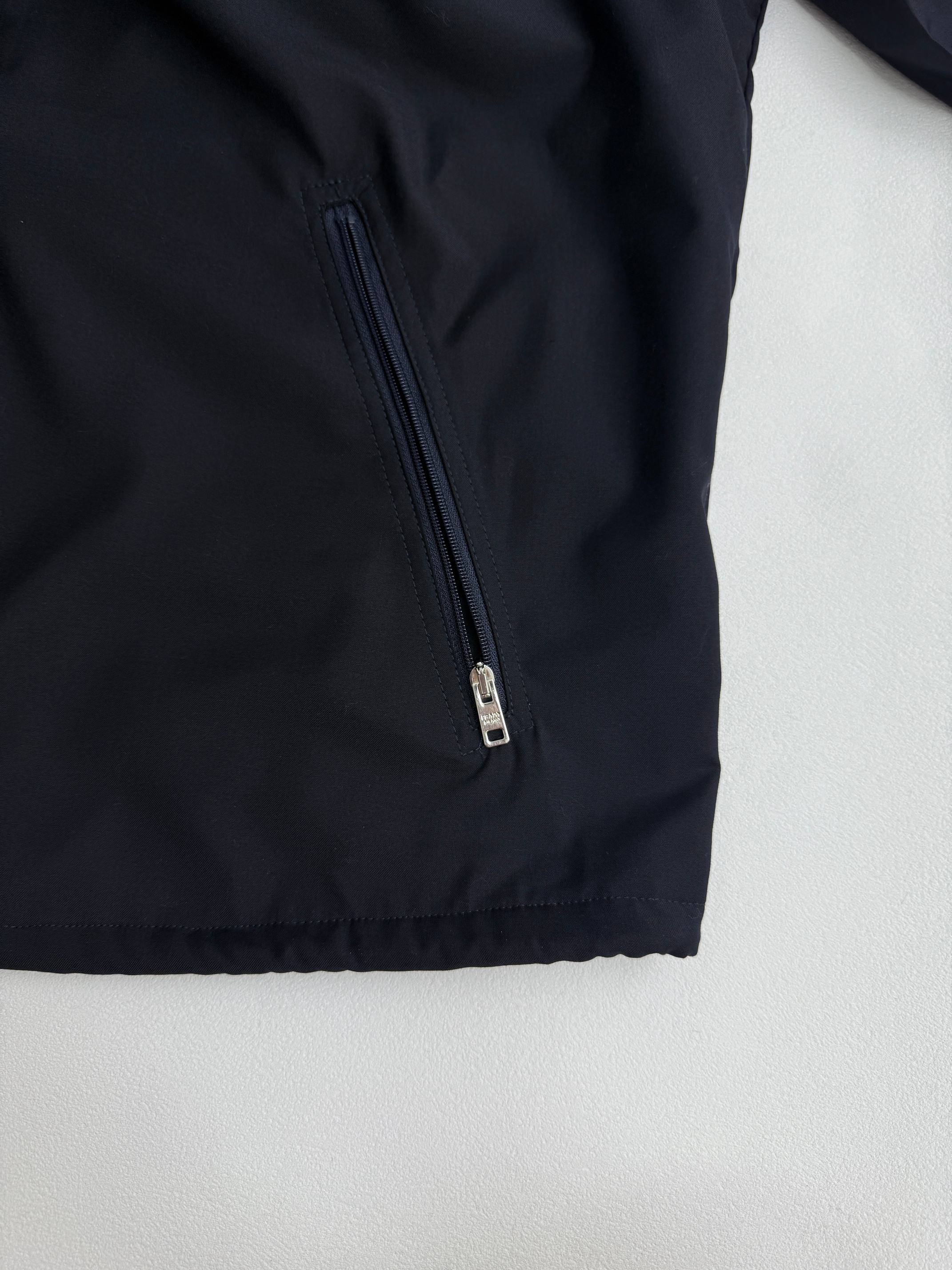 Prada long jacket dark navy with metal front zipper and stitched hem detail