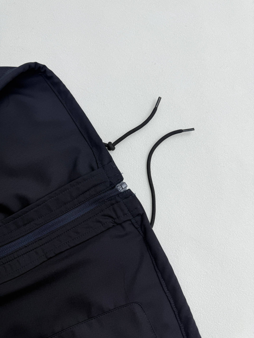 Prada long jacket dark navy with adjustable hood cords and stitched seam detail