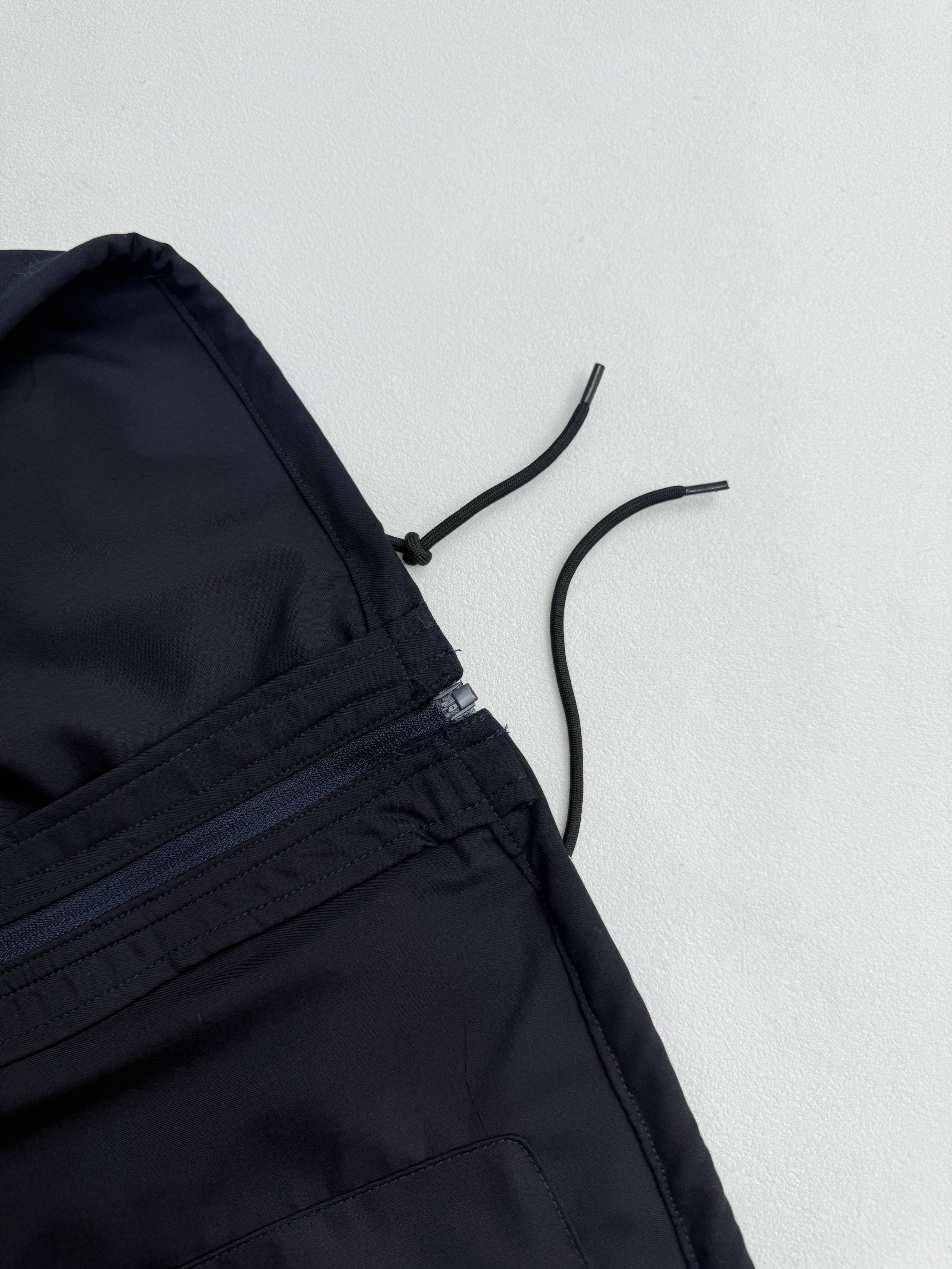 Prada long jacket dark navy with adjustable hood cords and stitched seam detail