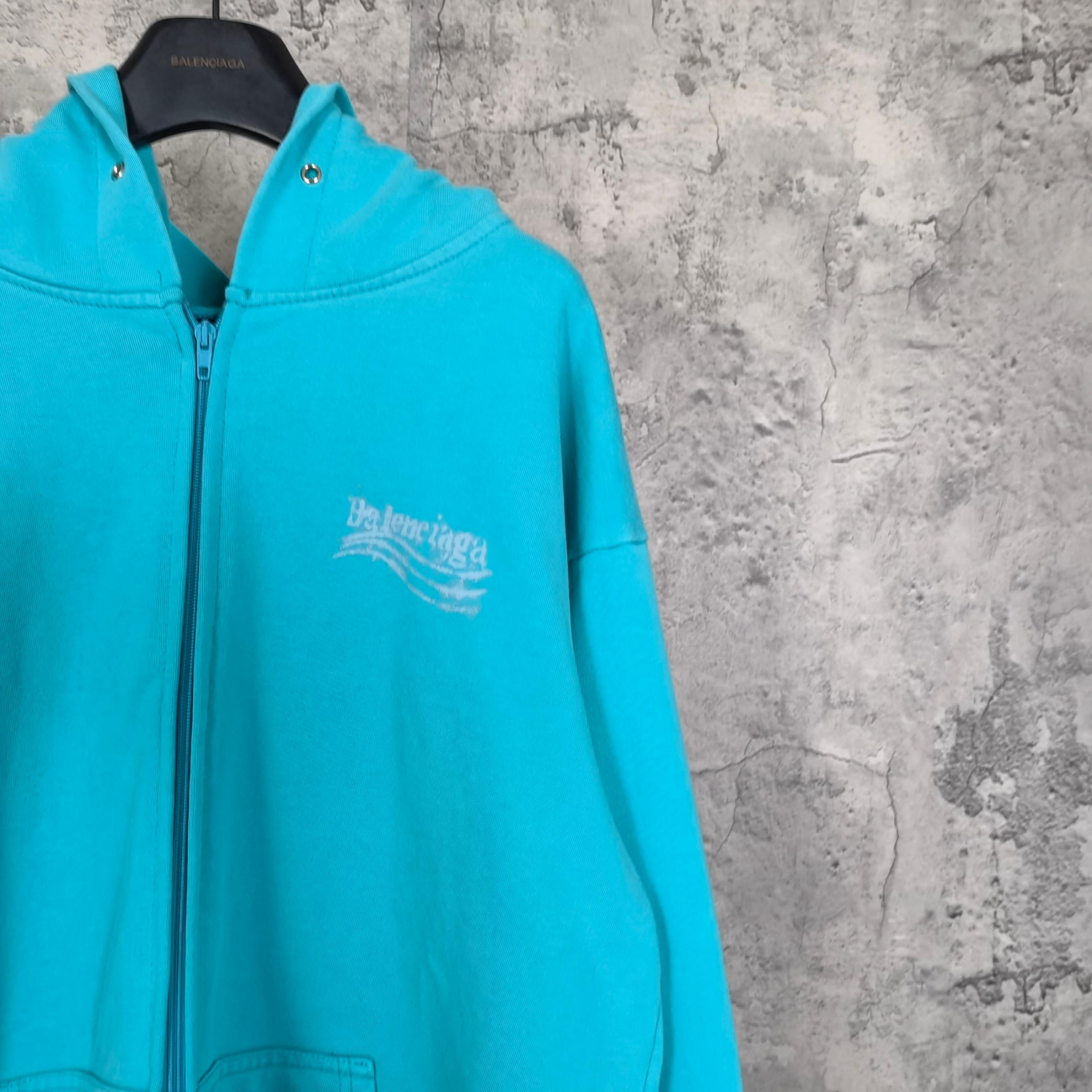 Balenciaga turquoise zip hoodie with hood and front zipper