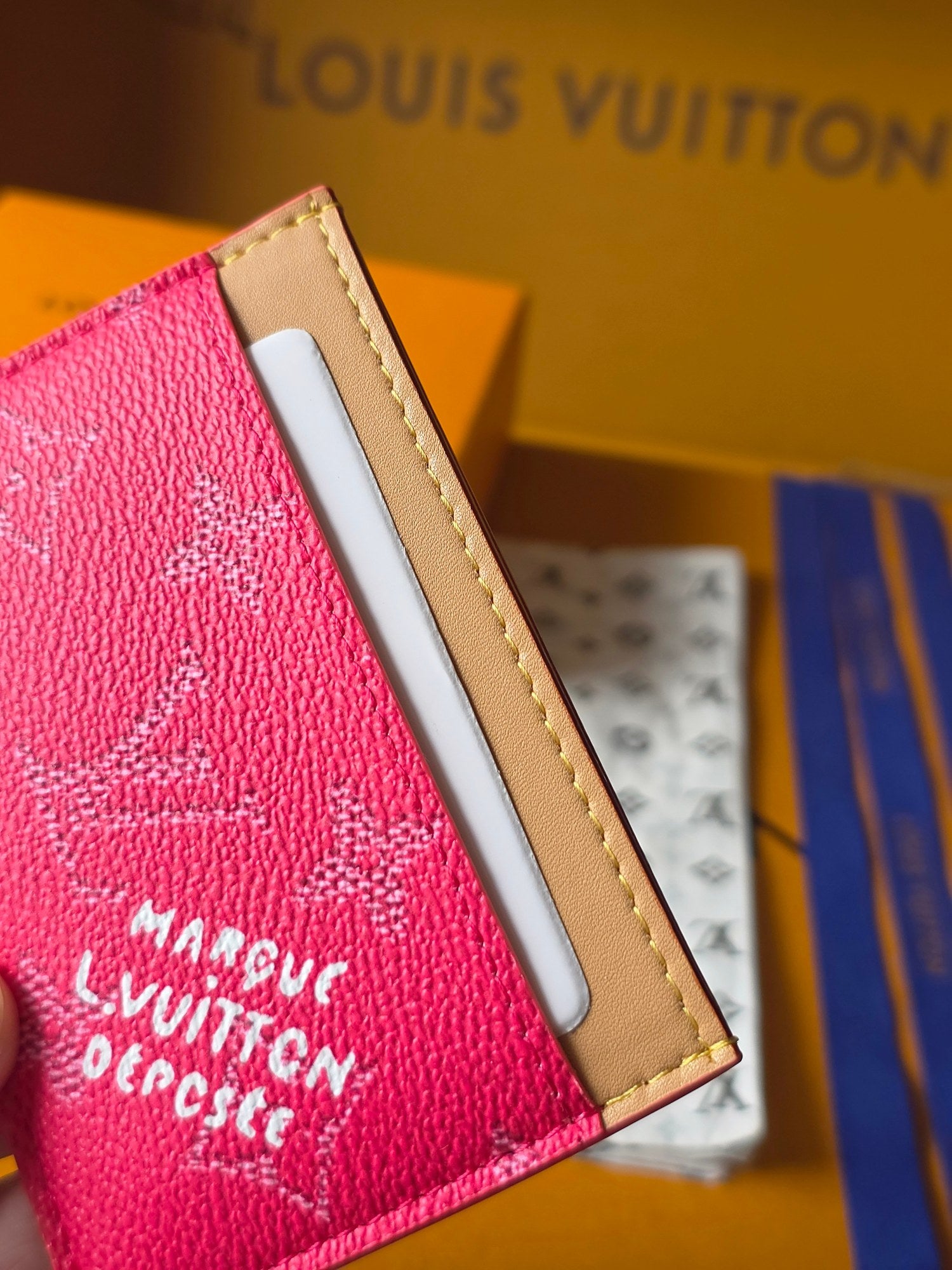 Louis Vuitton pink monogram card holder bag with tan leather border and center slot