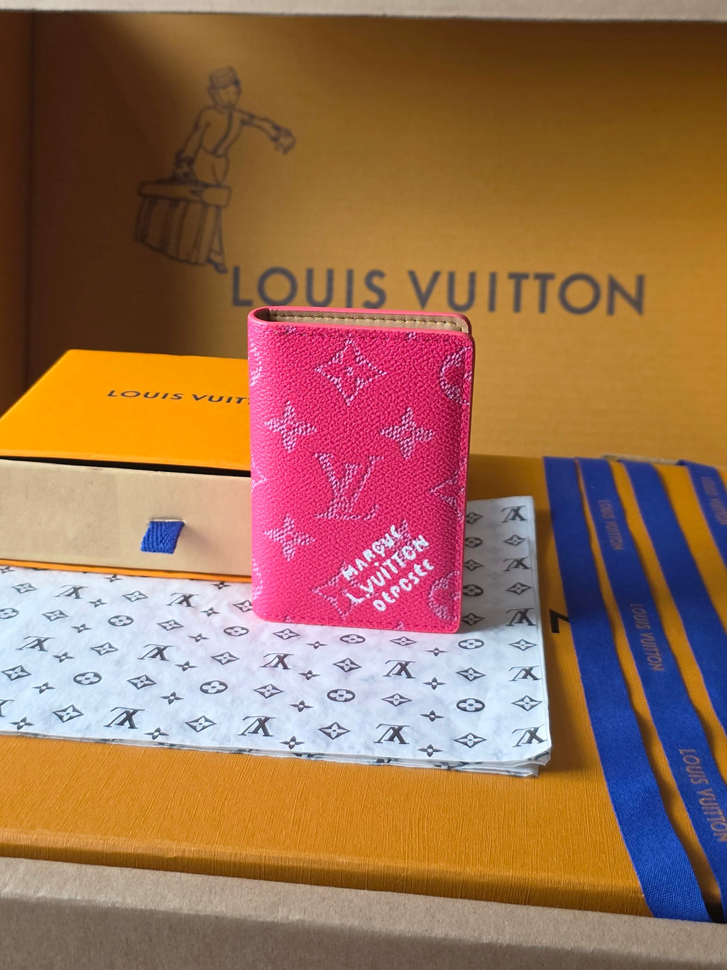 Pink monogram card holder with flap and card slots