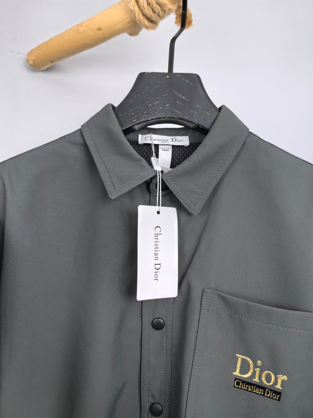 Dior long-sleeve button-up shirt front close-up, dark gray, Dior chest logo