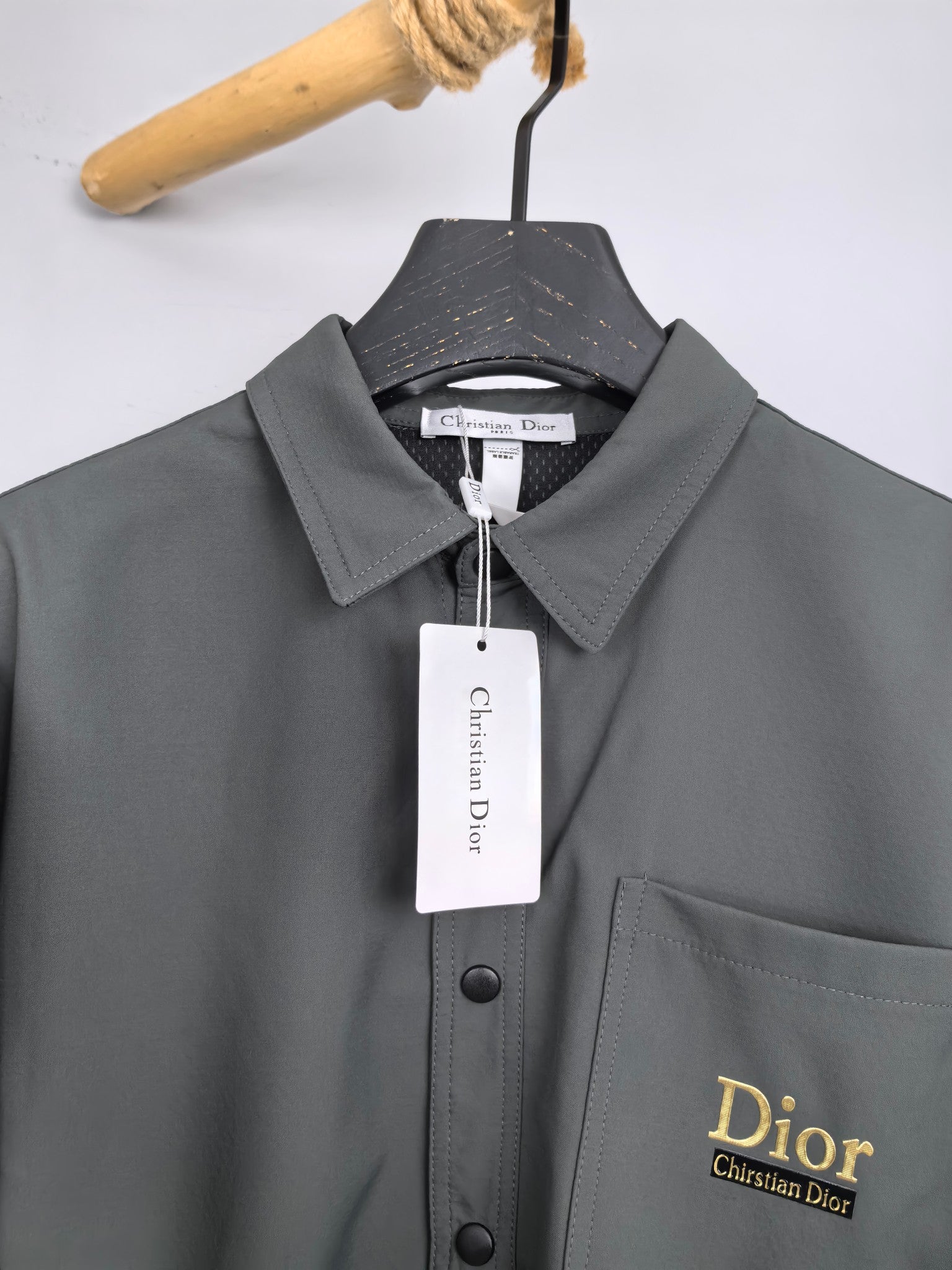 Dior long-sleeve button-up shirt front close-up, dark gray, Dior chest logo