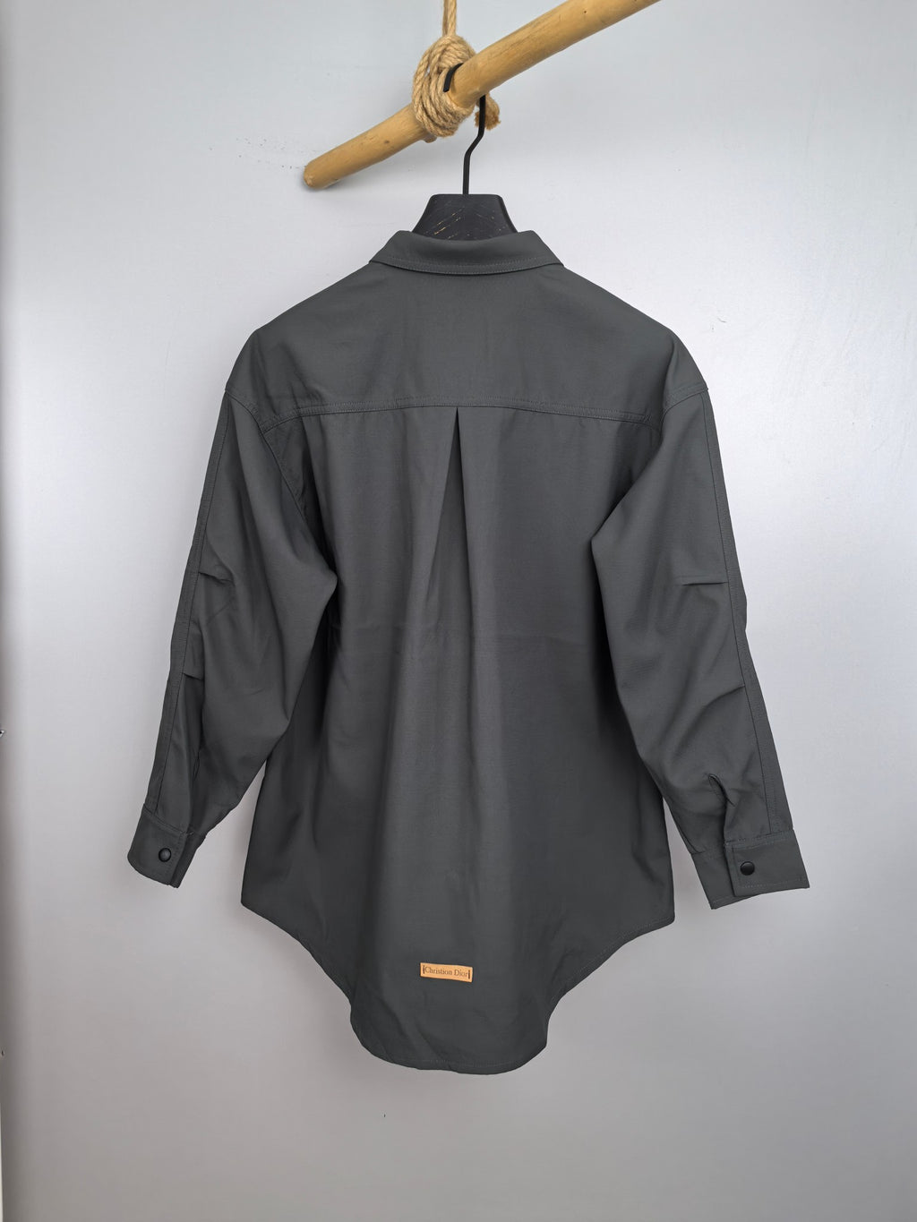 Dior long-sleeve button-up shirt back view, dark gray, stand collar