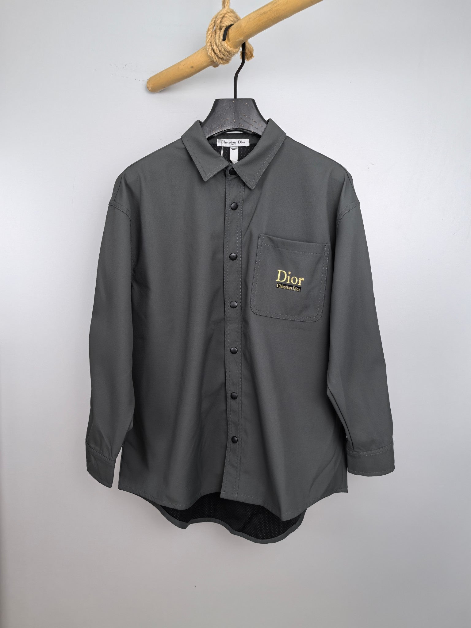 Dior long-sleeve button-up shirt, dark gray, with chest pocket and Dior logo