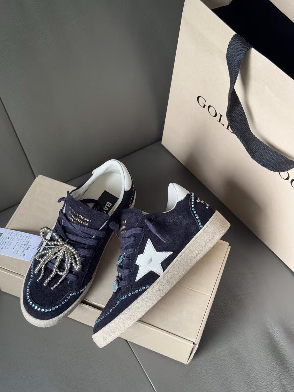 Golden Goose sneakers, dark navy suede/canvas with white star, lace-up with crystal trim