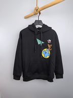 Black Louis Vuitton long-sleeve hoodie with colorful front cartoon graphic