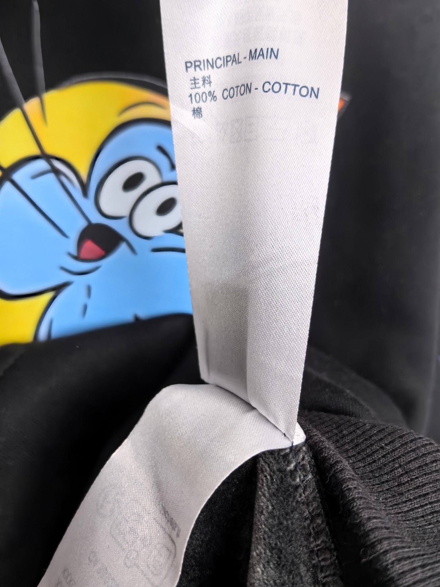 Hoodie inside neck label: 100% cotton and care text
