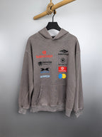 Gray Balenciaga-style pullover hoodie with multicolor logo graphic and front pouch pocket