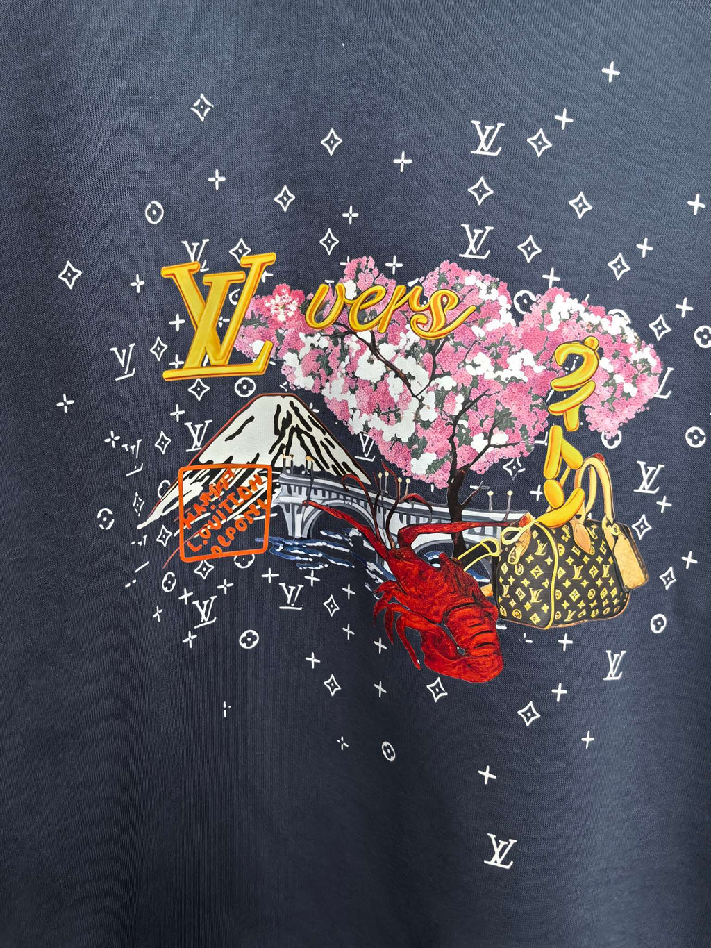 Louis Vuitton dark blue sweatshirt front featuring multicolor flower scene graphic