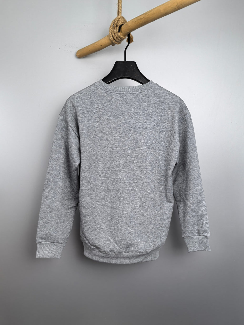 Gray long-sleeve sweatshirt, plain back view, crew neckline