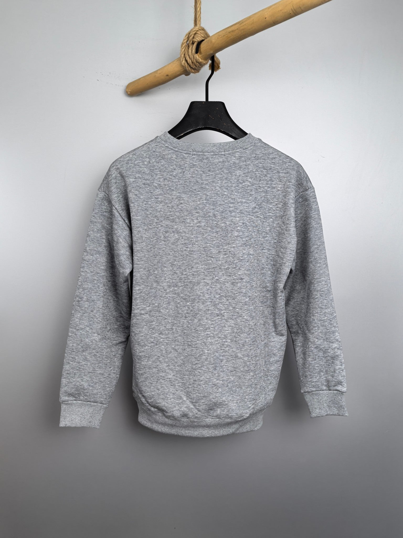 Gray long-sleeve sweatshirt, plain back view, crew neckline