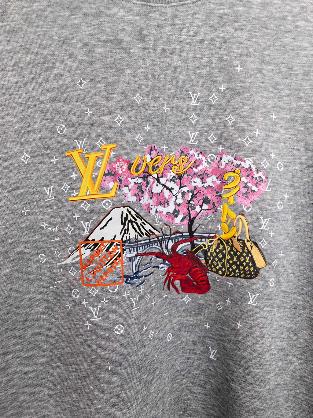 Gray sweatshirt front with large colorful LV-themed graphic print