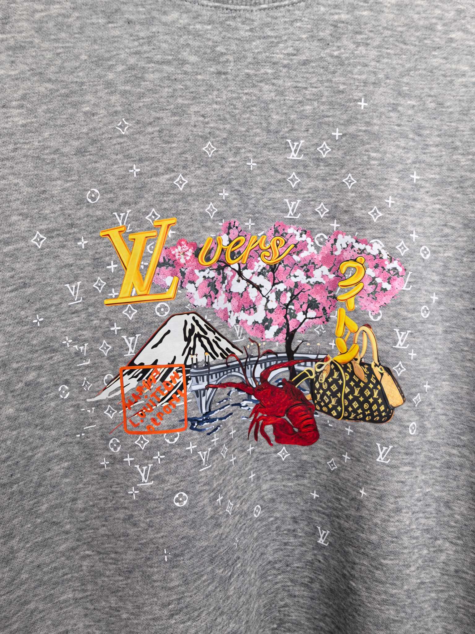 Gray sweatshirt front with large colorful LV-themed graphic print