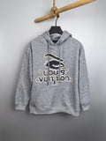 Gray kids hoodie with front hood and large Louis Vuitton graphic print