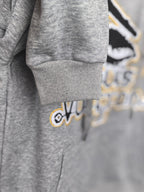 Gray kids hoodie cuff and hem with embroidered-style Louis Vuitton graphic